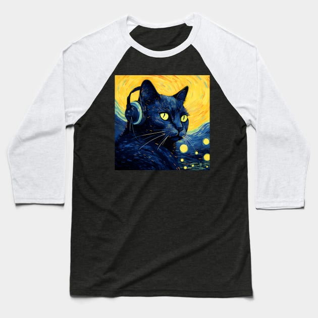 Starry Night Black Cat Wearing Headphones Baseball T-Shirt by VisionDesigner